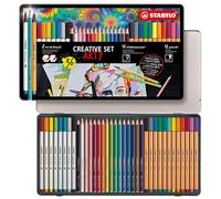 Set creativo STABILO CREATIVE SET ARTY - Estuche de metal con 12 rotuladores punta fina STABILO point 88, 8 rotuladores premium con punta de pincel STABILO Pen 68 brush y 16 lápices de color acuarelables STABILOaquacolor