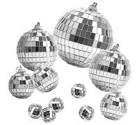 Set de 11 Bolas de Disco Espejadas, Plateadas, Decoración para Fiestas, Material de Espuma y Vidrio, Múltiples Tamaños 2/4/68 cm, con Cuerdas de Suspensión