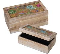 Set de 2 Cajas cuadradas de Madera y ratán Trenzado Decorado con Flores 30x18x15cm y 24x14x12cm