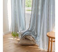 Set de 2 cortinas de lino, semiopacas, con borlas, bordadas, a rayas, rústicas, bohemias, para salón, 132,1 x 243,8 cm (ancho x largo), azul