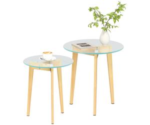 Set de 2 Mesas Auxiliares Modernas de Ø50x45 cm y Ø40x40 cm con Encimera de Vidrio Templado y Estructura de Acero Transparent