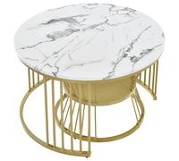 Set de 2 Mesas de Centro Nido Redondas, 80/60 cm, Tablero Blanco Efecto Mármol, Estructura Metálica Dorada, Mesas Auxiliares Modernas para Salón