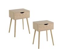 LOLAhome - Set de 2 mesitas de Noche con 1 cajón de de 40x31x58 cm para Dormitorio. 2 mesas con Patas de Madera de Pino y Tablero Laminado Color Natural. Adecuadas para Espacios reducidos