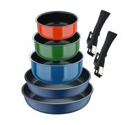 Set de 2 sartenes ø22ø26cm aluminio fundido azul + 3 cazos ø16ø18ø20cm aluminio prensado en 3 colores + 2 mangos extraíbles click&cook bergner 5 cm