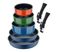 Set de 2 Sartenes Ø22Ø26cm Aluminio fundido Azul + 3 Cazos Ø16Ø18Ø20cm Aluminio prensado en 3 colores + 2 Mangos extraíbles Click&Cook Bergner
