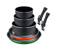 Set de 2 sartenes ø22ø26cm en 2 colores + 3 cazos heat dot ø16ø18ø20cm color negro + 2 mangos extraíbles - en aluminio prensado click&cook bergner