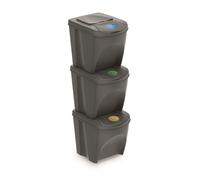 Prosperplast Juego de 3 cubos de reciclaje ZA906 – 3 x 25 litros para papel, vidrio y plástico – Gris