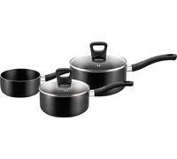 Set de 3 ollas Tefal Signature: 2 ollas con tapa de vidrio de 16 y 18 cm de diámetro, y 1 cazo de 14 cm de diámetro. Además, incluye una olla grande y una olla con asa, aptas para todas las cocinas ex