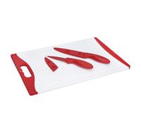 Set de 3 Piezas de Cuchillos y Tabla de Cortar Roja de KitchenCraft, Incluye Cuchillo Pelador 10 cm, Multiusos 12,5 cm y Tabla Antideslizante 36,5 x 25,5 cm con Fundas, Colección Colourworks