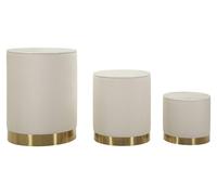 Set de 3 pufs de almacenamiento Shop en tejido acolchado crema con tapa efecto mármol y base oro Ø60x80, Ø50x60 y Ø40x40 cm