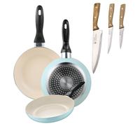 Set de 3 sartenes San Ignacio Ø16Ø20Ø24cm en aluminio prensado Azul celeste+Delantal de Cocina Gris oscuro 100% Algodón 75x80cm Pans + knife. Maple