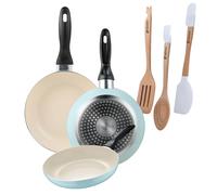 Set de 3 sartenes San Ignacio Ø16Ø20Ø24cm en aluminio prensado Azul celeste+Delantal de Cocina Gris oscuro 100% Algodón 75x80cm Pans + utensils Silica.