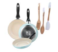 Set de 3 sartenes San Ignacio Ø16Ø20Ø24cm en aluminio prensado Azul celeste+Delantal de Cocina Gris oscuro 100% Algodón 75x80cm Pans + utensils Silica.