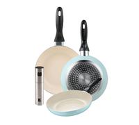 Set de 3 sartenes san ignacio ø16ø20ø24cm en aluminio prensado azul celeste+pulverizador de aceite y vinagre ø4x17,5cm en acero inoxidable