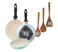 Set de 3 sartenes san ignacio ø16ø20ø24cm en aluminio prensado azul celeste+set 3pc utensilios cocina madera acacia