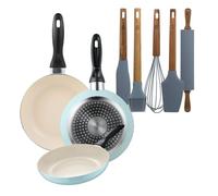 Set de 3 sartenes san ignacio ø16ø20ø24cm en aluminio prensado azul celeste+set de 5 utensilios de cocina de silicona y madera de acacia