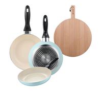 Set de 3 sartenes san ignacio ø16ø20ø24cm en aluminio prensado azul celeste+tabla de corte redonda de 38x28x1,5cm en madera de haya 20 cm