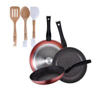 Set de 3 sartenes san ignacio aluminio forjado, aptas inducción+juego de 3 utensilios de cocina en silicona y madera 12 cm