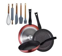 Set de 3 sartenes san ignacio aluminio forjado, aptas inducción+set de 5 utensilios de cocina de silicona y madera de acacia