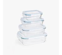 Set de 3 y 4 Recipientes Herméticos de Vidrio Borosilicato - Fiambreras Rectangulares 370cc a 1500cc , Recipientes de Cristal para Alimentos, Tapers Cristal Herméticos 1l - Con Tapa - Sin BPA - Aptos