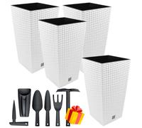 Set de 4 Macetas Rato de 7,2L con inserto 17x17x32,4 cm en color blanco + Juego de 6 Herramientas de Jardín de REGALO