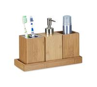 Relaxdays Juego 4 accesorios de bambú para baño marrón claro,plata