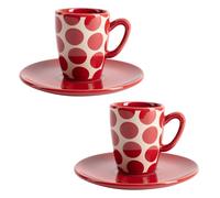 Set de 4pc café (2 tazas de 75ml + 2 platos de color solido) Stoneware de topos rojos