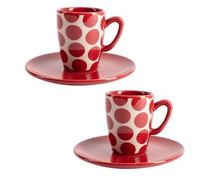 Set de 4pc café (2 tazas de 75ml + 2 platos de color solido) Stoneware de topos rojos