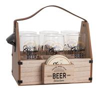 Set de 6 de vasos de cerveza con posavasos y caja de madera de eucalipto
