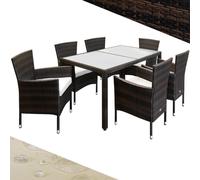 Set de 6 sillas y 1 mesa poliratán marrón apilables cojines