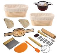 Set de 8 herramientas para hacer pan de masa madre - 2 cestas de fermentación ovaladas de 25 cm, bandeja de silicona, batidor danés, raspador, brocha y más
