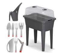 Set de 9 mini macetas para semilleros, macetas para plantas, color antracita, 59,6 x 75,3 cm + Regadera "Jirafa" pequeña, 1,5 L + Juego de 7 herramientas de jardinería, herramientas para el jardín, he