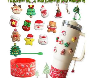 Set de accesorios navideños para Stanley, compble con vasos Stanley de 20/30/40 oz, compuesto por 1 tapa de pajita, 10 pegatinas 3D, 1 colgante de taza y 1 bota de siliocne Stanley (Rojo)