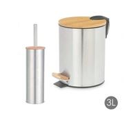 Set de Baño 2 Piezas Acero Inoxidable （ 3L/5L ） | Papelera con Pedal + Escobillero | Tapa de Bambú Natural | Anticorrosivo, Antihuellas, Compacto o Grande | Diseño Moderno y Minimalista | Ideal para B