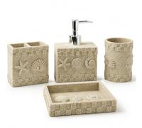 Set de Baño 4 Piezas Decorativo en Poliresina, Accesorios Baño, Dispensador Jabon Baño, Dosificador de Jabon, Simula Arena, Decorativo, Diseño Moderno Perfecto para Regalo