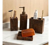 Set de Baño 4 Piezas, Juego Accesorios Baño Incluye Dispensador de Jabón, Soporte para Cepillos de Dientes, Vaso de Enjuague y Jabonera, Diseño de Madera de Estilo Vintage y Envejecido