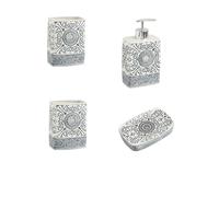 Set De Baño Botella de loción cerámica, jabonera, Soporte for Cepillo Dientes, Juego baño, dispensador embotellado champú Porcelana con Textura Flor(4pcs White)