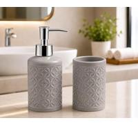 Set de Baño de Cerámica, Dispensador de Jabón y Vaso para Cepillos de Dientes, Accesorios para Baño y Lavabo, Diseño Moderno, Gris