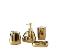 Set De Baño Juego Completo de Accesorios baño cerámica con dispensador jabón, Vaso, Soporte for Cepillo Dientes y Organizador Platos(Gold 4Pcs)
