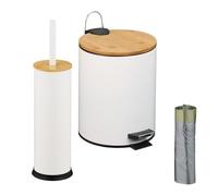 Relaxdays Set baño 2 pzas c/papelera y cepillo WC blanco,marrón claro,negro