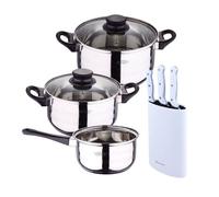 Set de baterías de cocina toledo 5pc aptas para inducción+ bergner naturally juego de 3 cuchillos de acero inoxidable + tacoma en color blanco