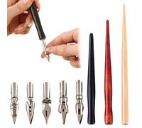 Set de Caligrafía de 8 Piezas con 3 Soportes de Madera y 5 Plumillas de Acero Inoxidable, Pluma para Dibujo de Cómic, Manga y Bocetos, Kit de Escritura Artística (Rojo, Negro, Madera Natural)