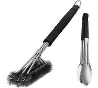 Set de cepillos para parrilla Unyqoos® de 2 piezas: cepillo de acero inoxidable para parrilla de 46 cm + pinza para parrilla de 30,5 cm, con 3 filas de cerdas y mango antideslizante, ideal para parril