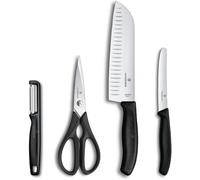 Set de cocina profesional clásico, de 4 piezas, que incluye pelador, tijeras, cuchillo Santoku y cuchillo para tomates. Cuchillas afiladas, de 7 a 17 cm. Mangos de plástico, color