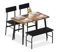Set de Comedor 4 Piezas con Banco y 2 Sillas, Mesa de Comedor 110 cm para 4 Personas, Conjunto de Cocina con Tablero de MDF Tigerwood y Tapizado de Cuero PU, Estructura Metálica, Ahorra Espacio para C