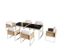 Set de comedor de polirratán para 6 personas, tablero de vidrio templado, fundas desmontables y lavables, Marrón+Blanco Aosom España