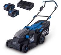 Set de cortacésped eléctrico Scheppach BC-MP380-X, incluye 2 baterías de 4Ah y un cargador doble de 4,5A | Ancho de corte de 38 cm | Depósito de recogida de 45 litros | 6 niveles de altura de corte