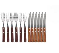 Set de Cubiertos 12 Piezas, Acero Inoxidable con Mangos de Madera, 6 Cuchillos y 6 Tenedores, 21 x 2 cm