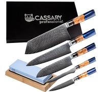 Set de cuchillos de acero de Damasco con piedra de afilar incluida Juego cuchillos cocina japoneses de acero de Damasco Cuchillos damasco profesionales para todo tipo de cocineros (Set 5 + afilador)