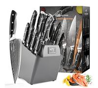 Set De Cuchillos De Cocina De Acero De Damasco Con Mangos Martillados Y Bloque De Madera, Conjunto De 18 Cuchillas De Cuchillos De Acero De Damasco Superior Cuchillo De Cocina Afilado Damasco